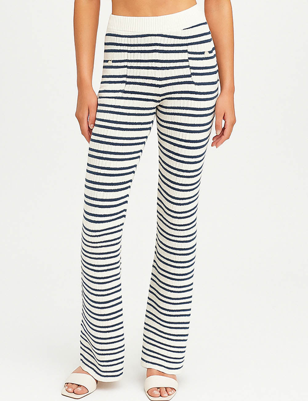 Ladies Striped Elastic Waist Slight Flared Leg Knit Pants
