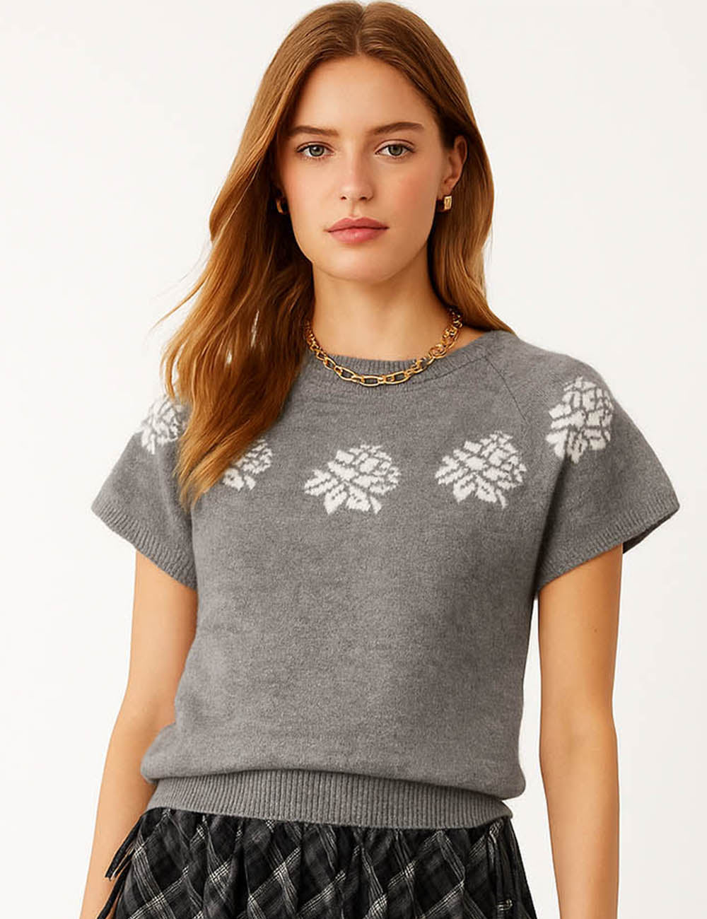 Ladies Snowflake Floral Pattern Short Sleeves Knit Top