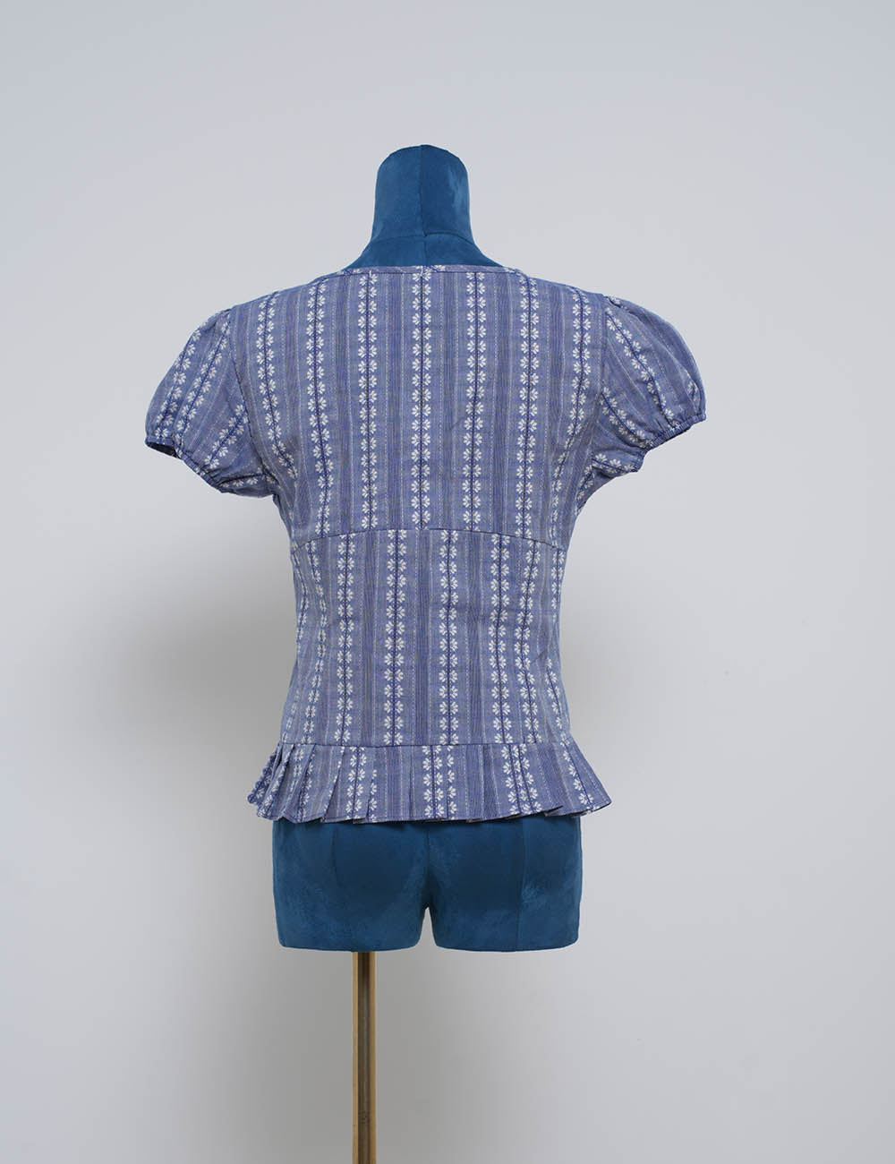 Ladies Chic Floral Striped Tie Neck Short Puff Sleeves Top