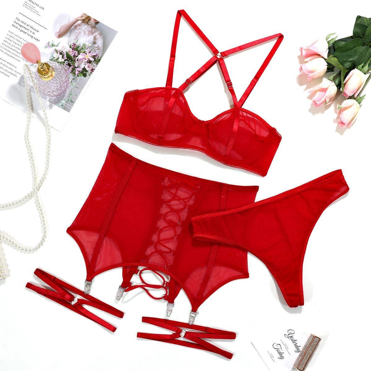 3PCS Bandage Sexy Lingerie Set with Garter Belt F09231# - SWEETKAMA