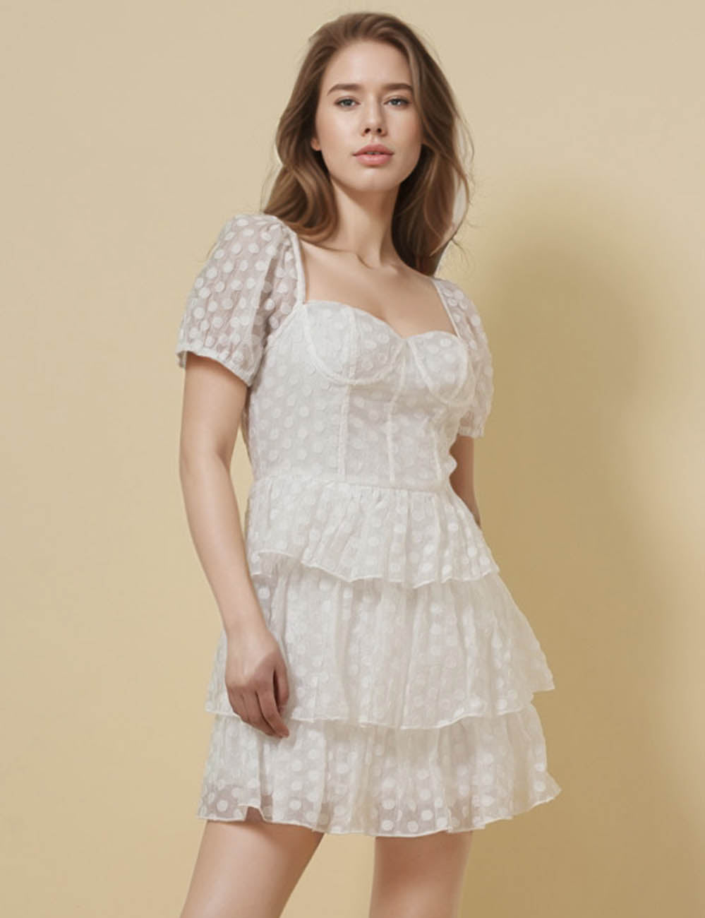 Ladies Polka Dot Puff Sleeves Mini Dress SKD51234