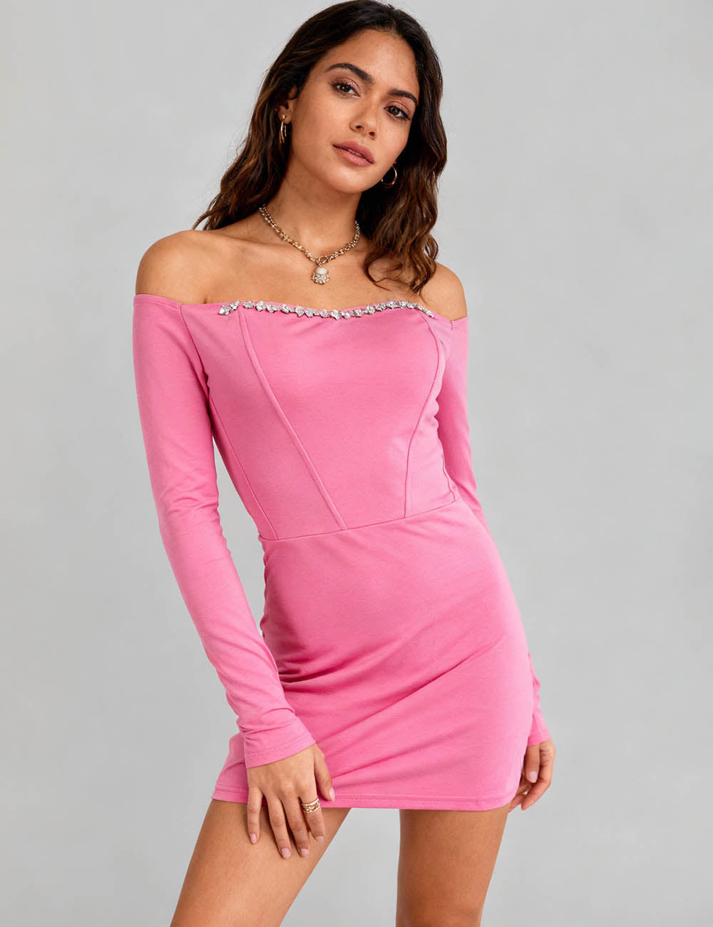 Ladies Off Shoulder Beaded Trim Bodycon Mini Dress