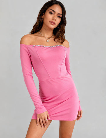 Ladies Off Shoulder Beaded Trim Bodycon Mini Dress