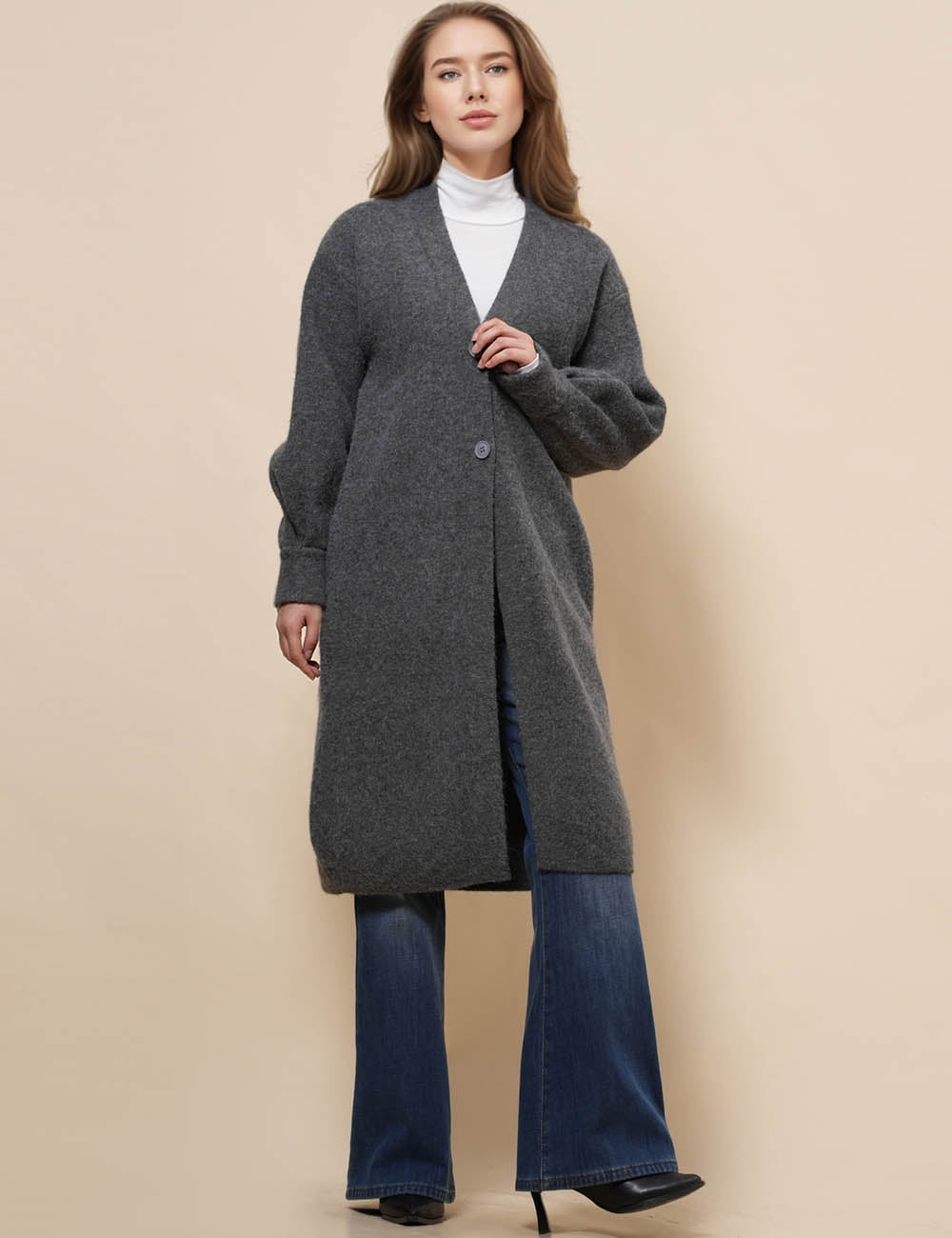 Ladies Solid Color Botton V-Neck Cardigan SKT41089