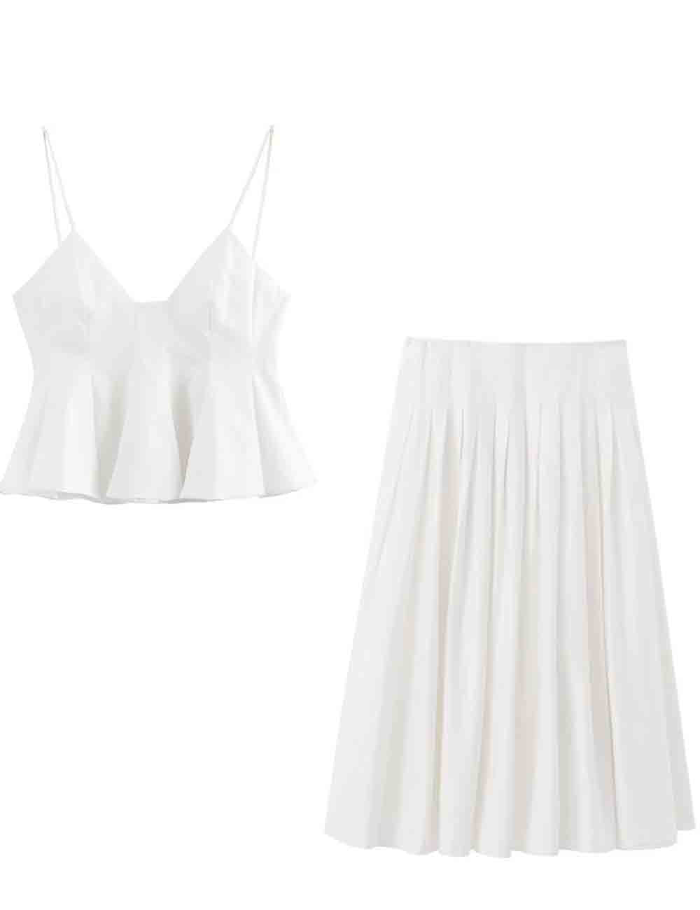Ladies Solid Color Ruffle String Shoulder Cami Top & Skirt Set