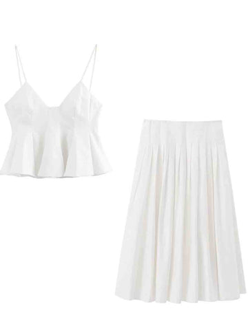 Ladies Solid Color Ruffle String Shoulder Cami Top & Skirt Set