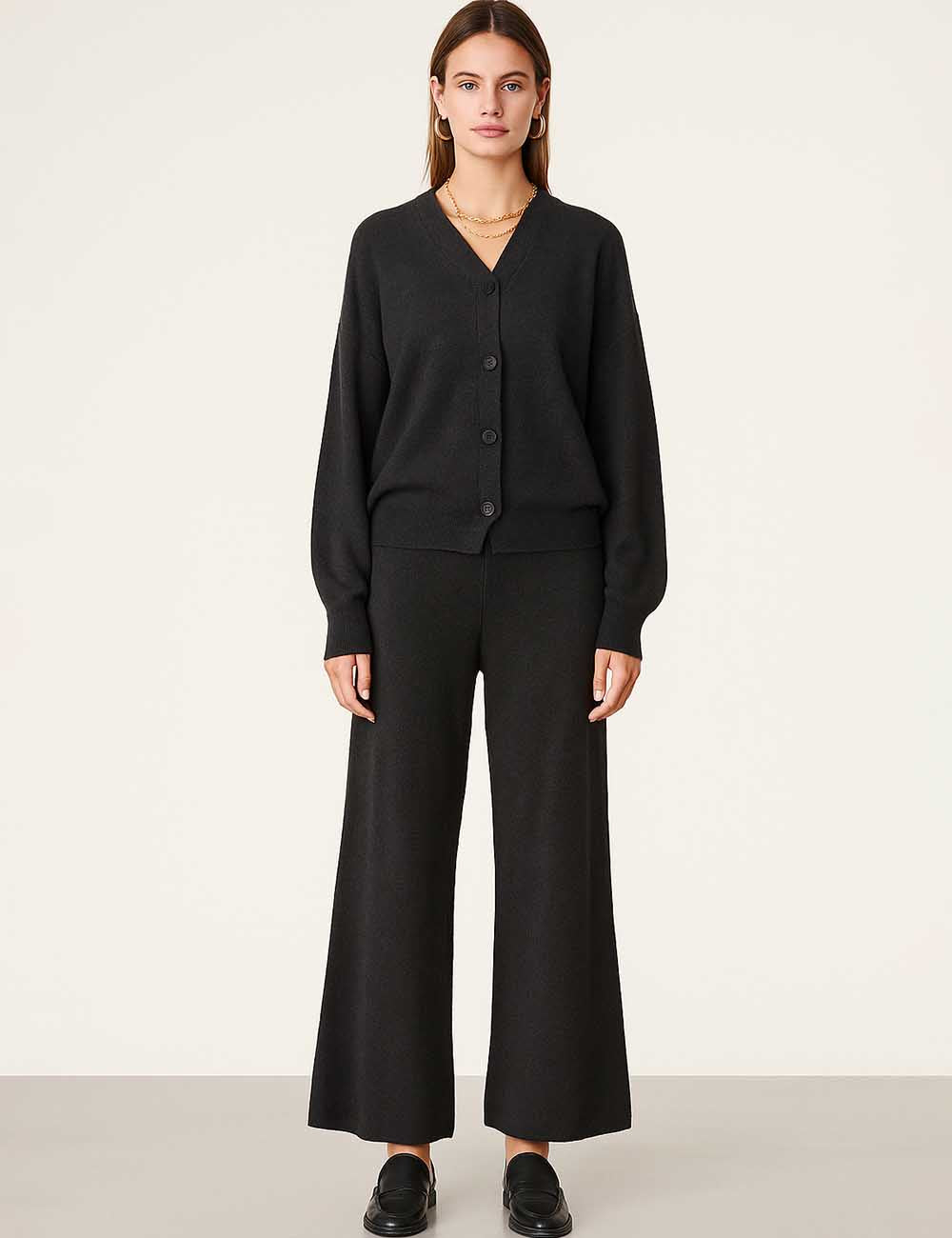 Ladies Hoodie Button Wide Leg Knit Top & Pants Set