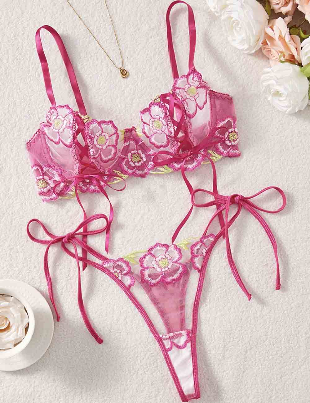 Ladies Floral Embroidery See Through 2PCS Lingerie Set 8HF6061