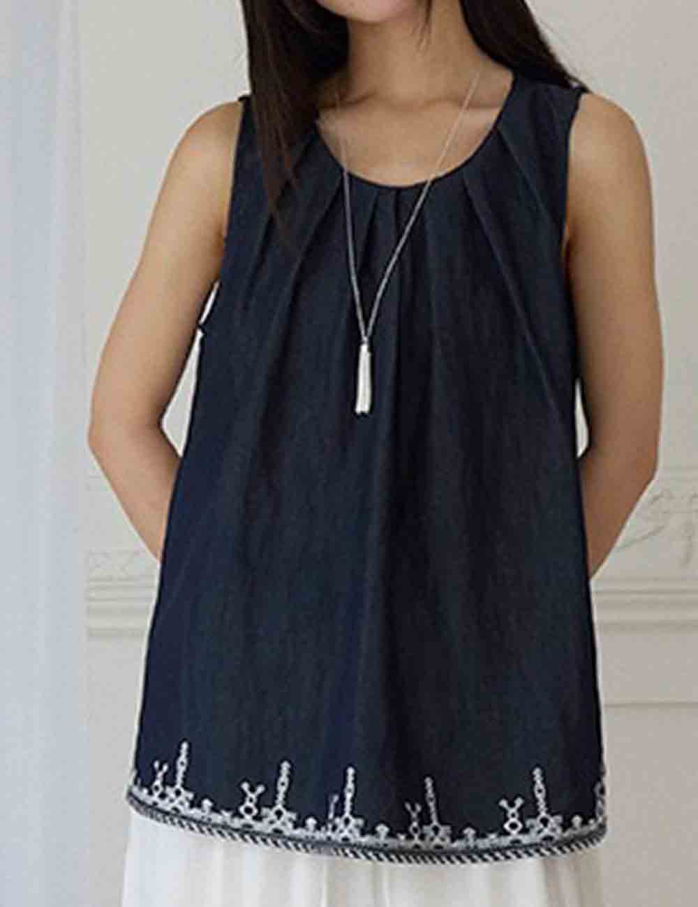 Ladies Round Neck Embroidery Sleeveless Ruched Vest
