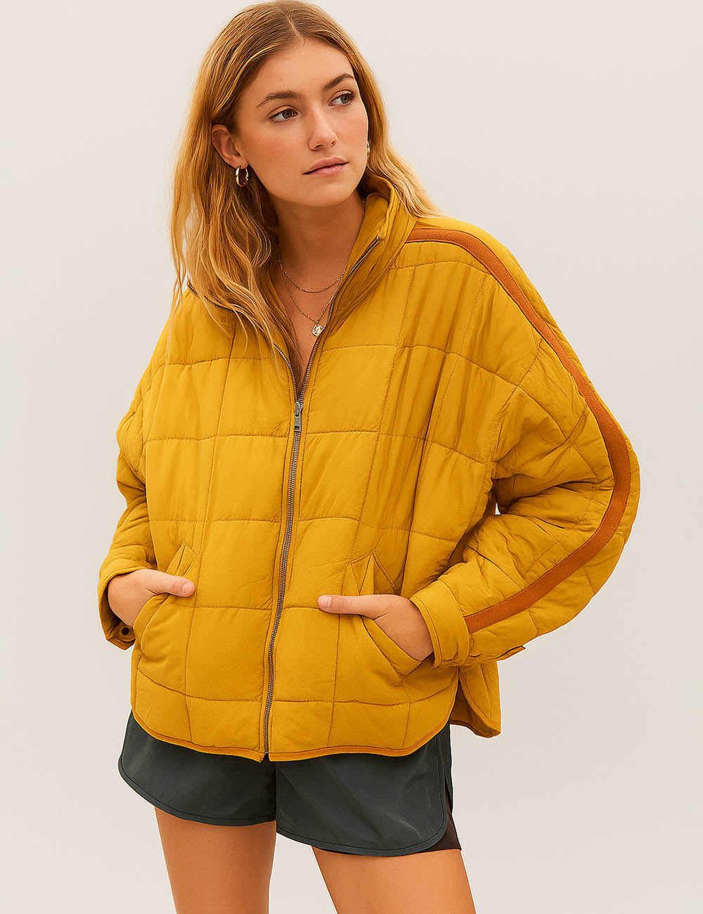 Ladies Stand Collar Zipper Front Quilted Cotton Jacket