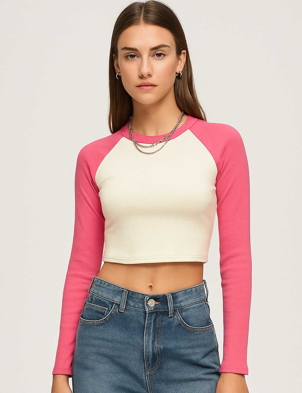 Ladies Color Block Round Neck Long Sleeves Cropped T-Shirt