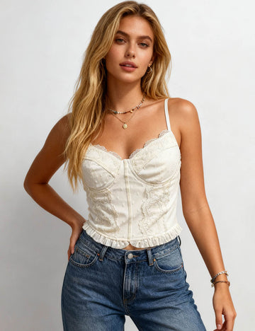 Ladies Floral Lace Top Dot Jacquard Padded Cami Top