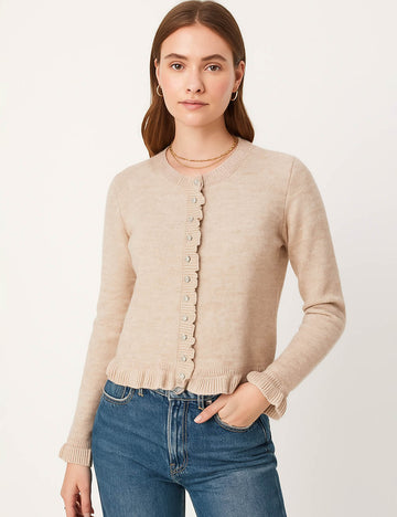 Ladies Solid Color Ruffle Sweater Round Neck Button Cardigan