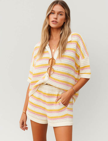 Ladies Stripe Color Block Knit Top & Shorts Set SKST50176