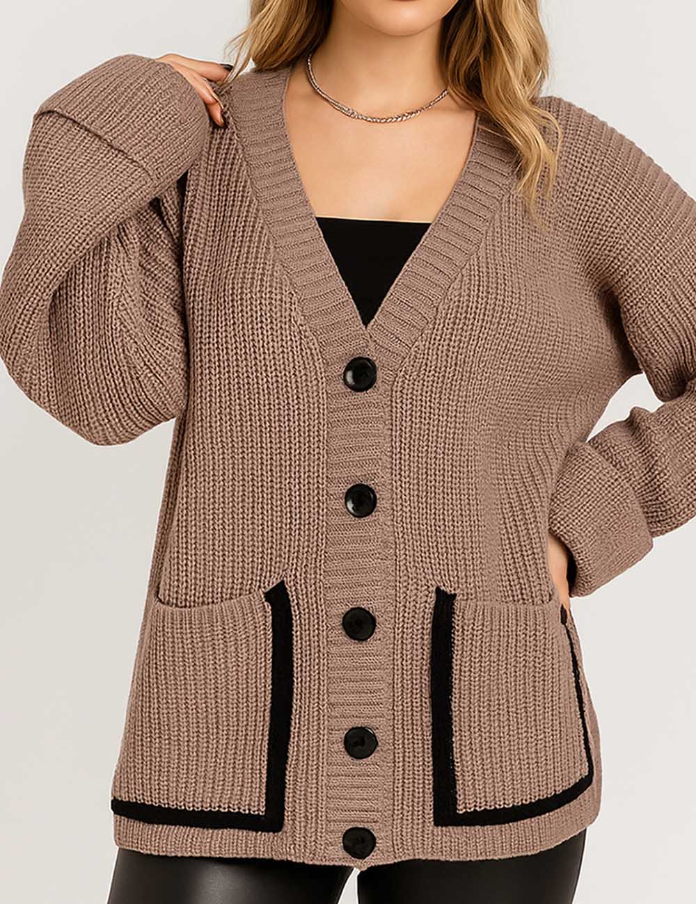 Ladies V-Neck Color Block Long Sleeves Knit Cardigan