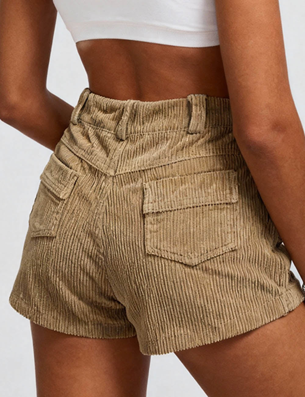 Ladies Solid Color Corduroy Pockets Shorts