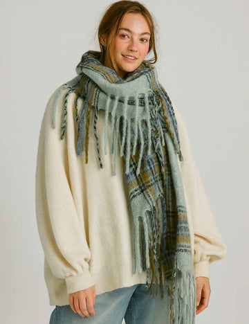Ladies Winter Plaid Loop Yarn Fringe Knit Scarf
