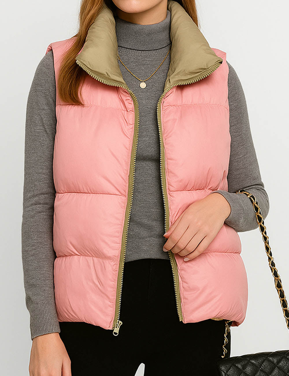 Ladies Reversible Stand Collar Zipper Padded Vest