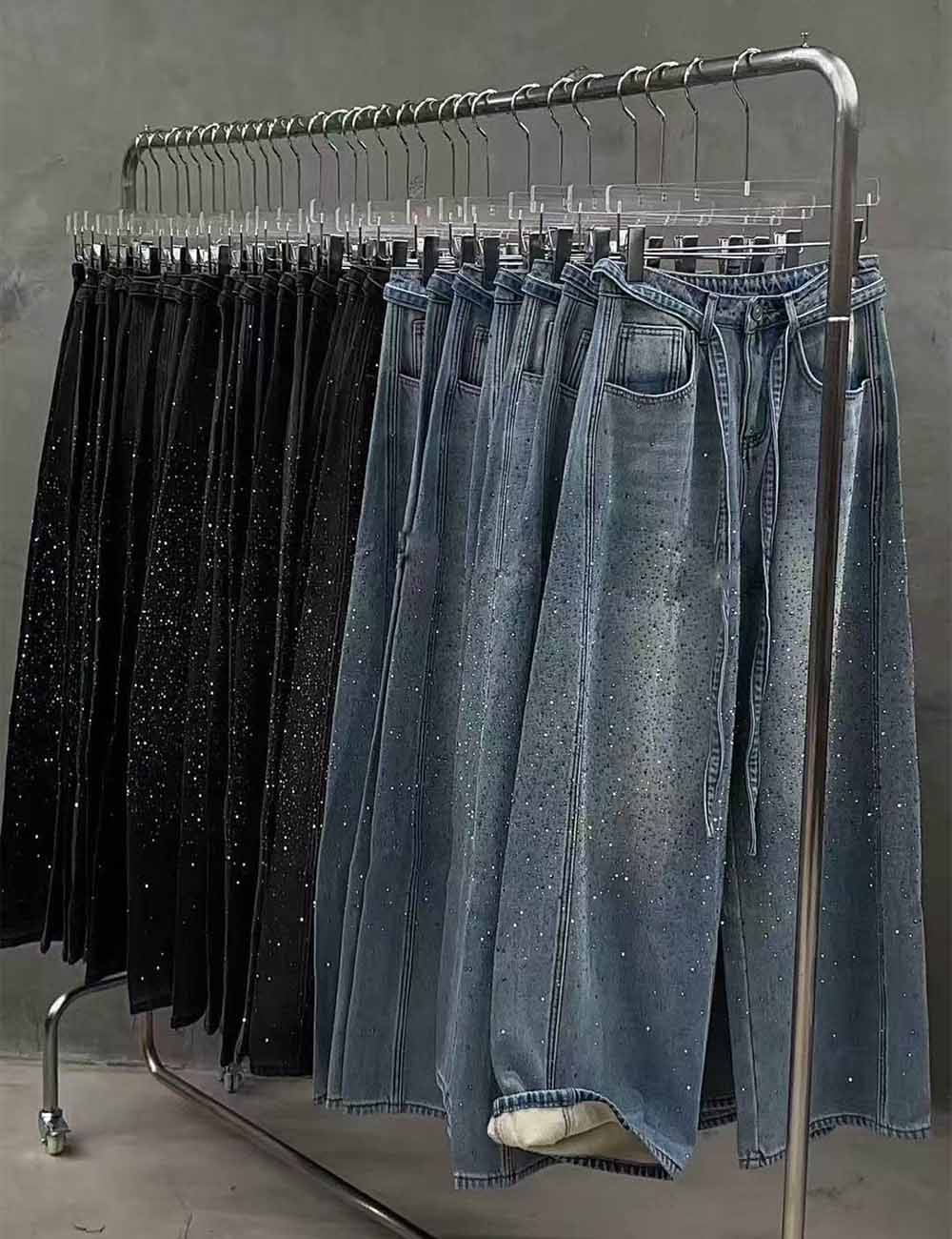 Ladies Fleece Lined Rhinestone Wide Leg Denim Pants