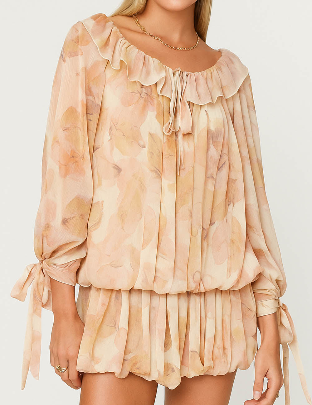 Ladies Chiffon Floral Print Ruched Ruffle Trim Tie Mini Dress