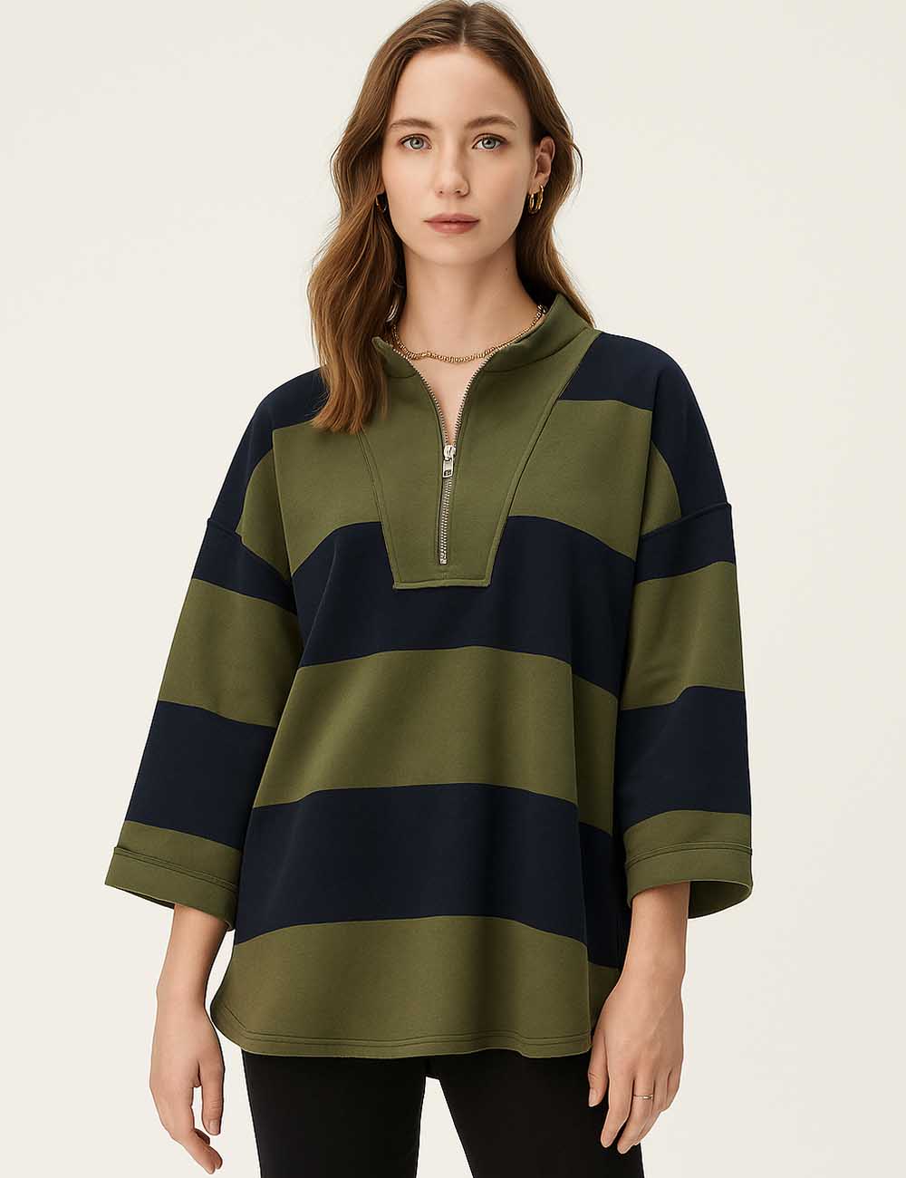 SKTX91 Ladies Zip Open Striped Pullover Sweatshirt