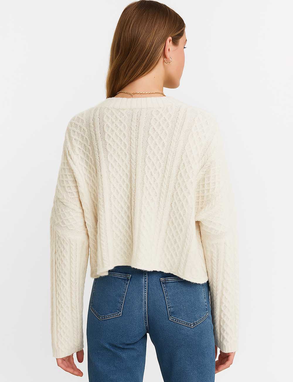 Ladies V-Neck Button Front Long Sleeves Cropped Knit Cardigan