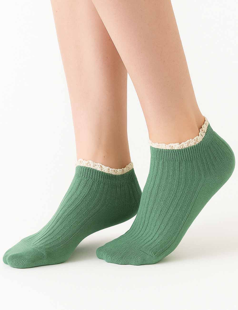 Ladies Lace Trim Ribbed Knit Ankle Crew Socks