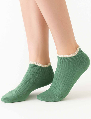 Ladies Lace Trim Ribbed Knit Ankle Crew Socks