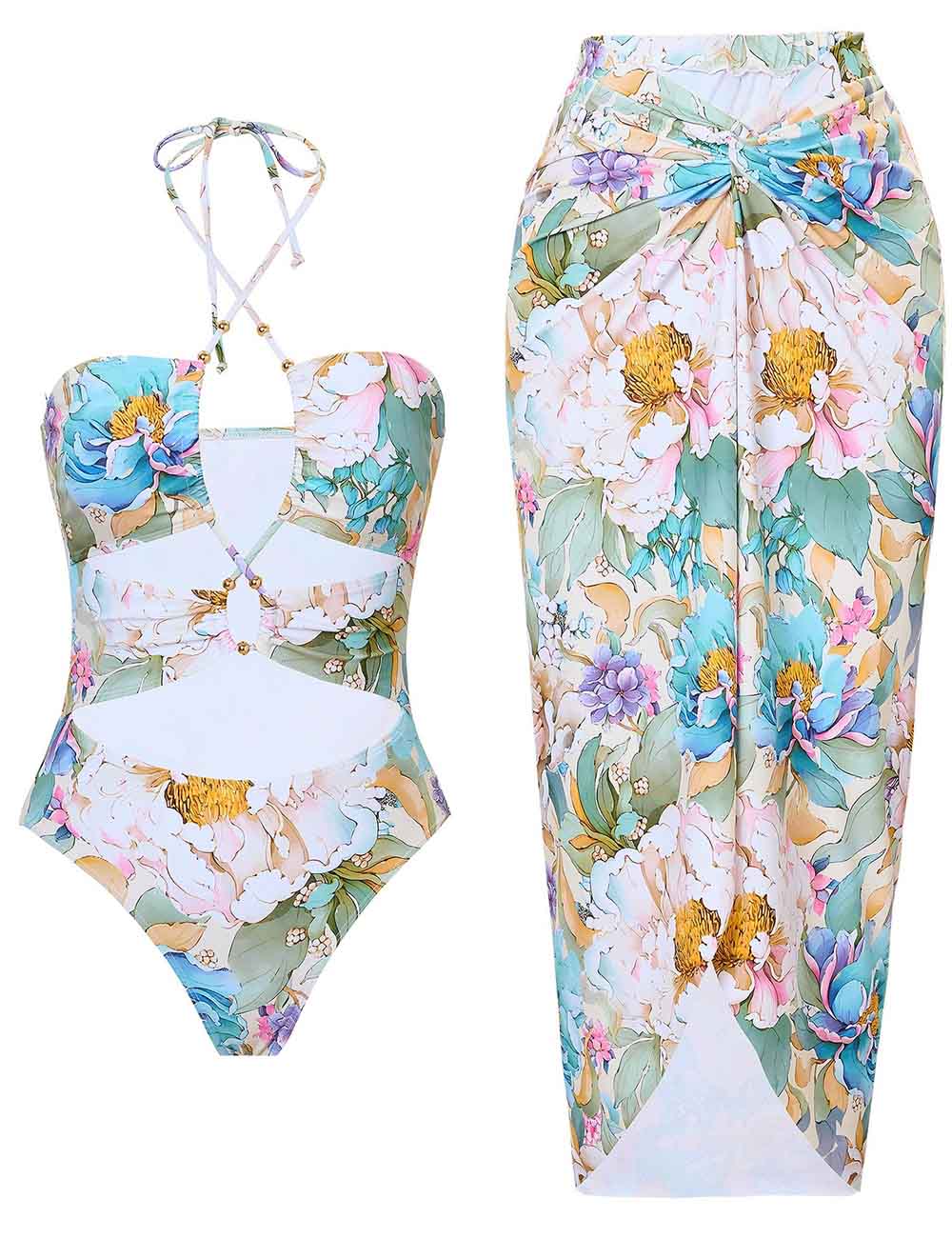 Ladies Halter Hollow Out One Piece Swimwear with Salong