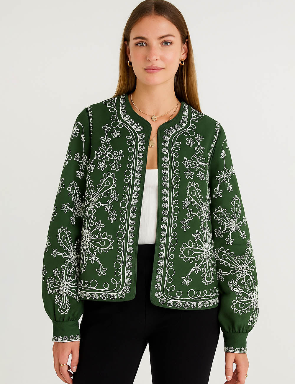Ladies Color Block Floral Print Open Front Cotton Padded Jacket