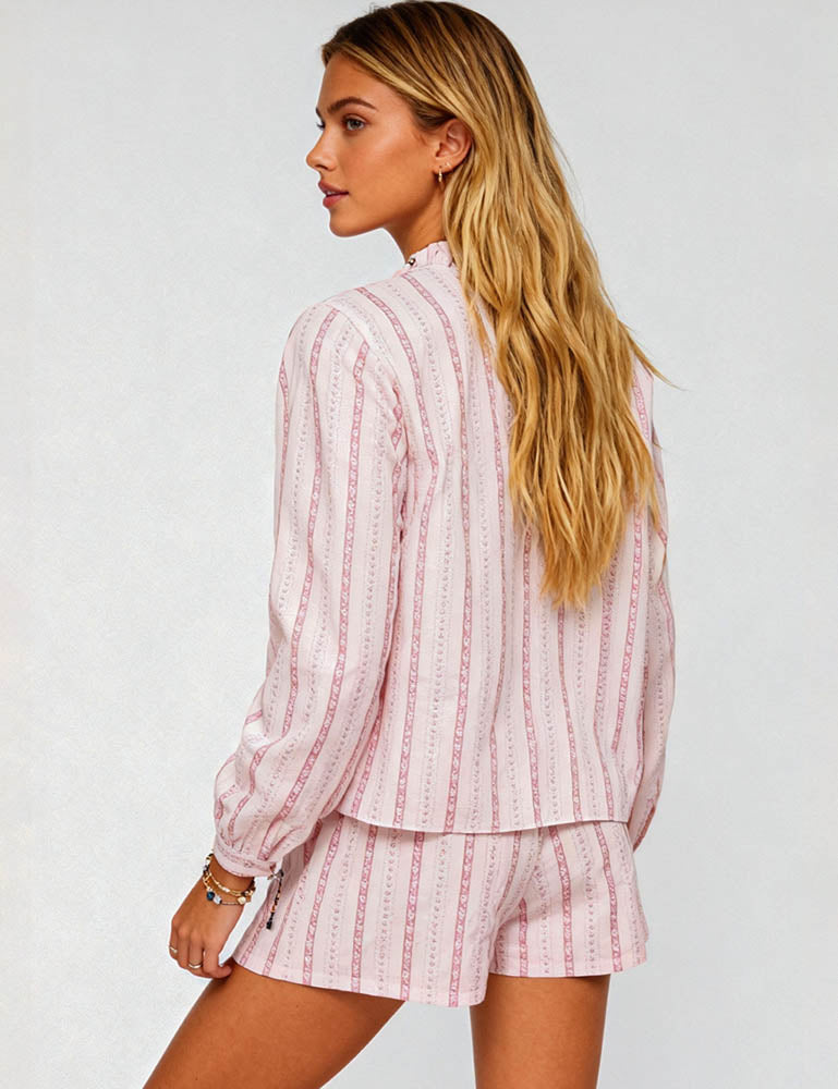 Ladies Floral Striped V-Neck Tassel Tie Blouse & Shorts Set