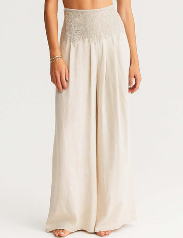 Ladies Solid Color Embroidery Elastic Waist Wide Leg Pants