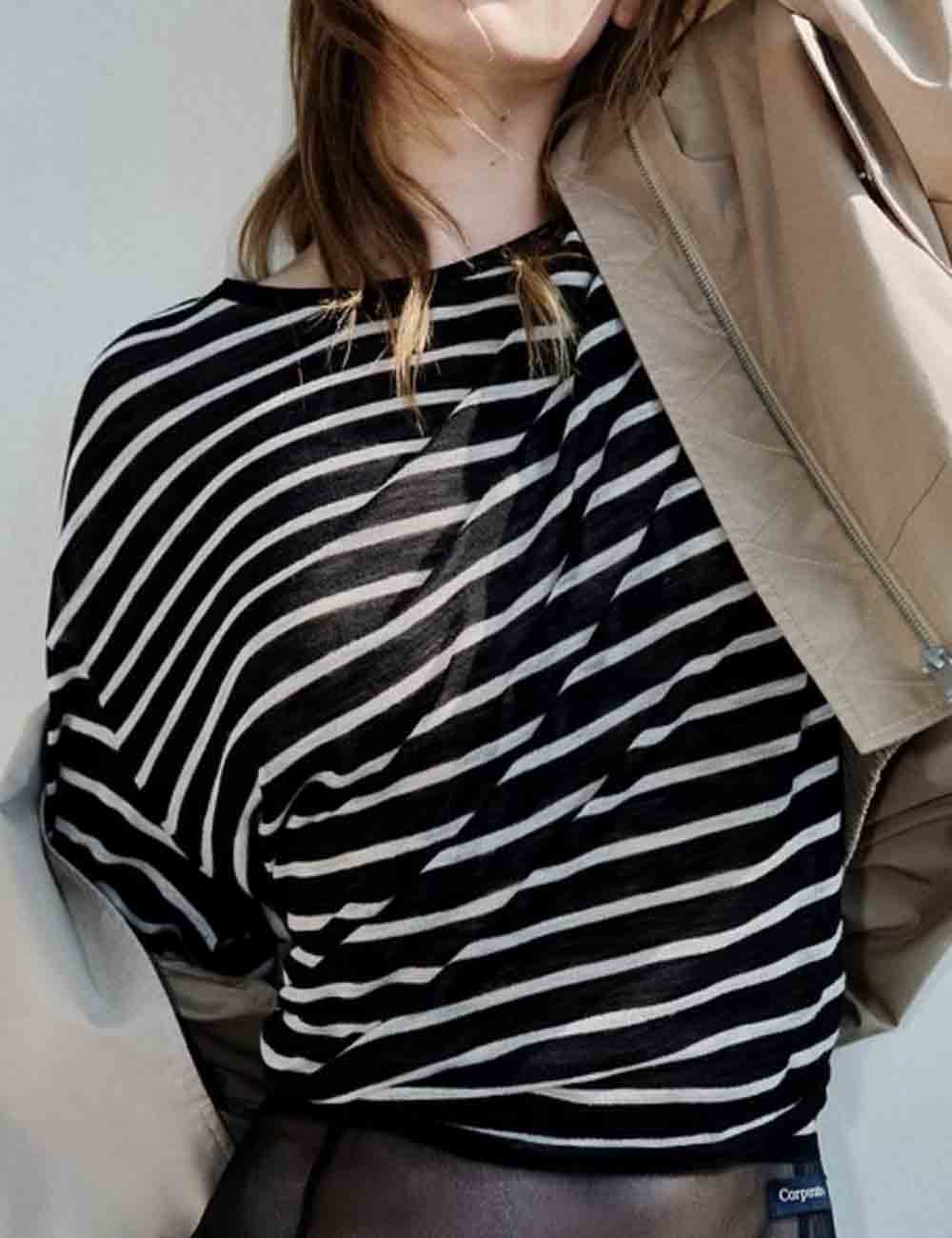 Ladies Color Block Striped Knit Long Sleeves Blouse