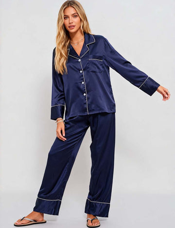Ladies Satin Button Long Sleeves Top & Pants Loungewear Set