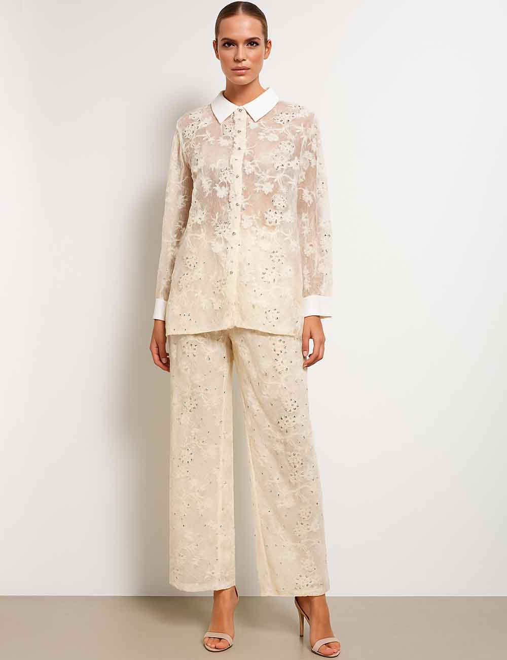 Ladies Embroidery See Through Sequins Beading Shirt & Pants Set