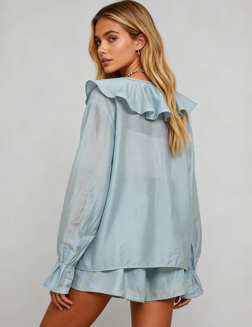 Ladies V-Neck Lace-Up Ruffle Sheer Blouse & Shorts Set