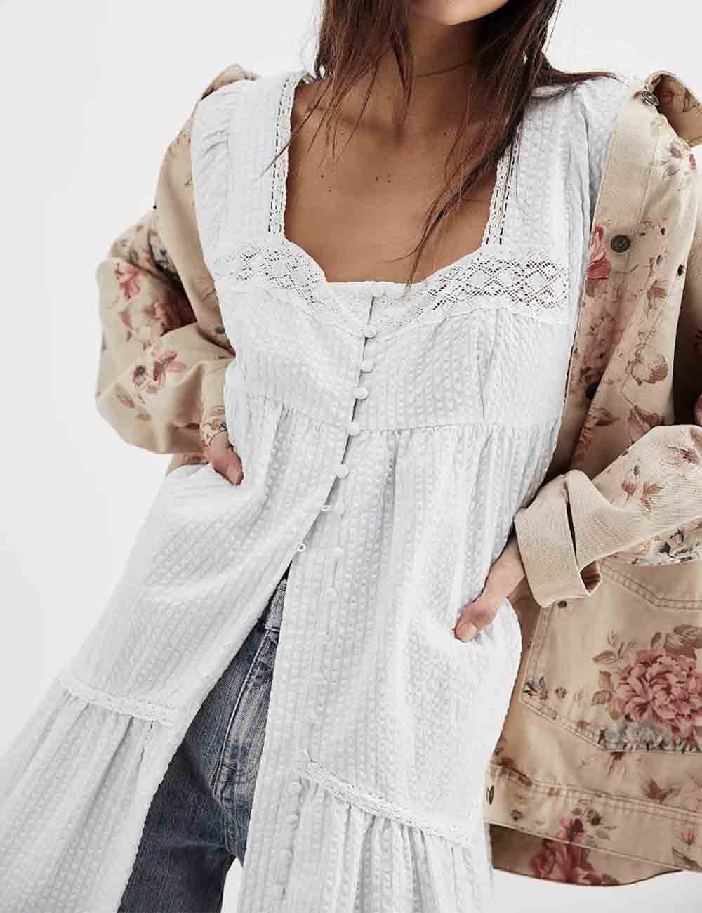 Ladies Solid Color Square Neck Lace Button Mini Dress