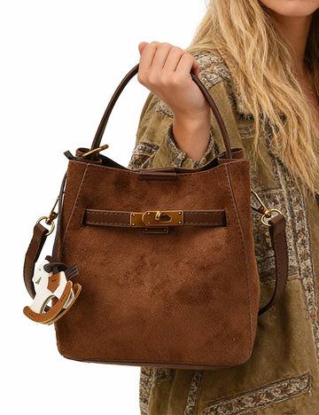 Ladies Vintage Suede Crossbody Handle Bucket Bag