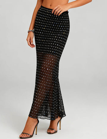 Ladies Shiny Sequin Mesh Sheer Elastic Waist Maxi Skirt