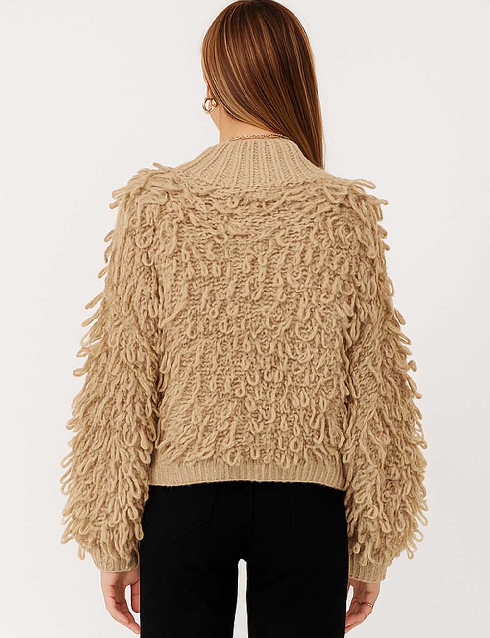 Ladies Chunky Cable Pullover Fringe Puff Sleeves Cropped Sweater