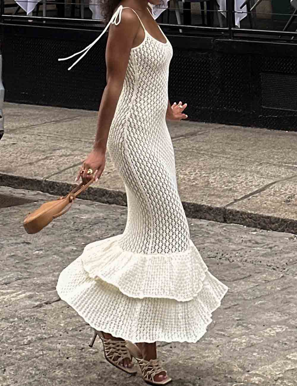 Ladies Cami Hollow Out Ruffle Hem Knit Midi Dress SKD50184