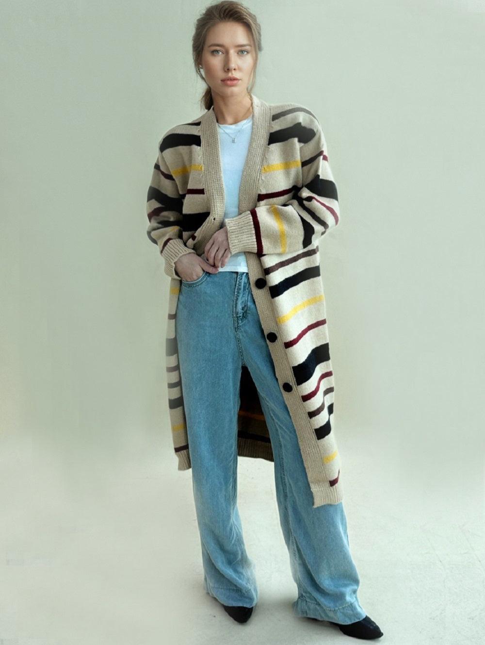 Ladies Striped V-Neck Button Down Cardigan SKT4686