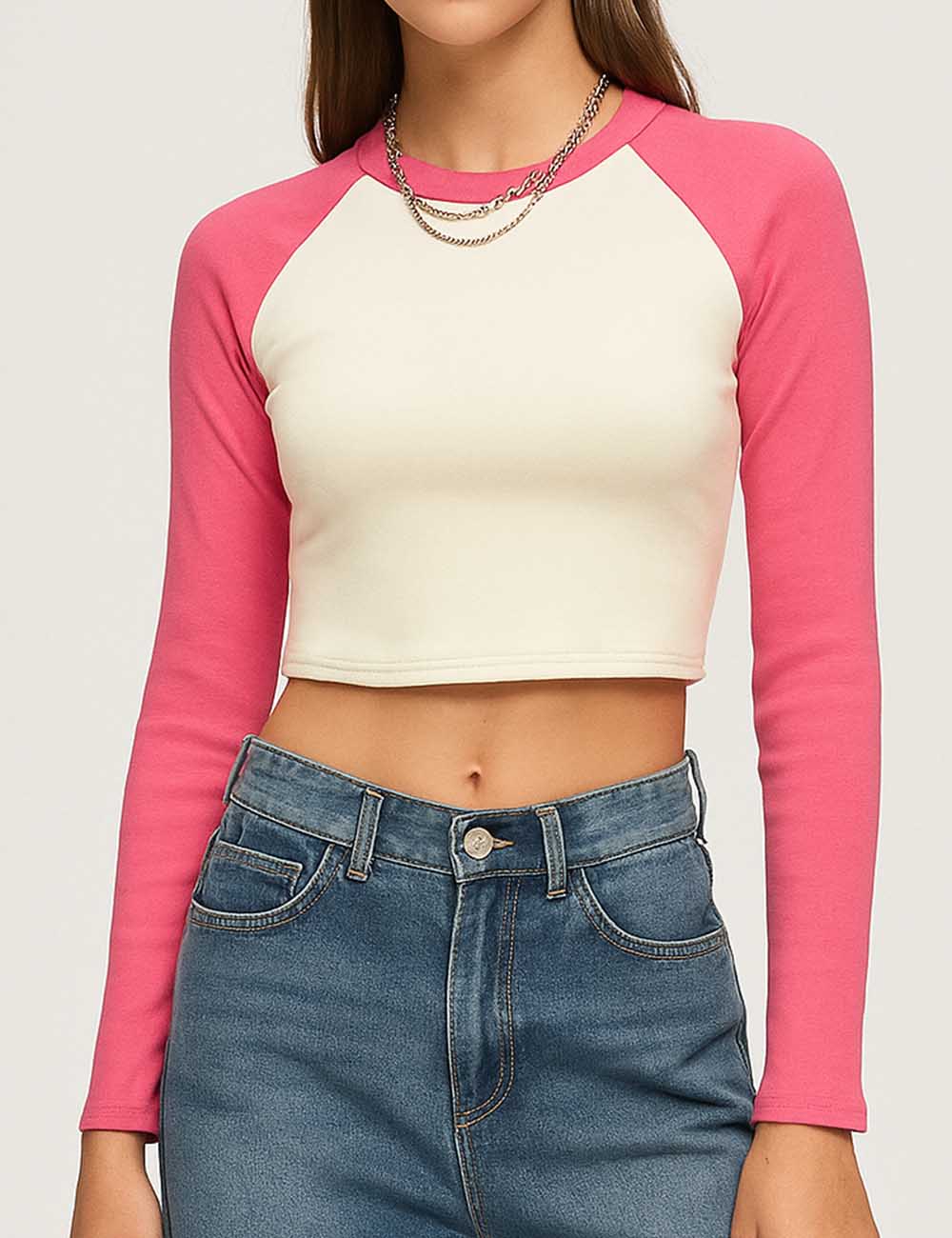 Ladies Color Block Round Neck Long Sleeves Cropped T-Shirt