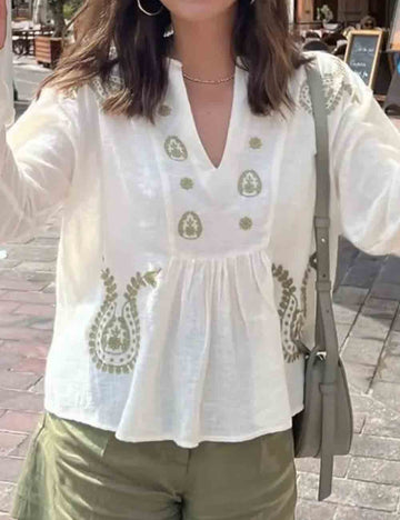 Ladies Color Block Embroidery V-Neck Babydoll Blouse