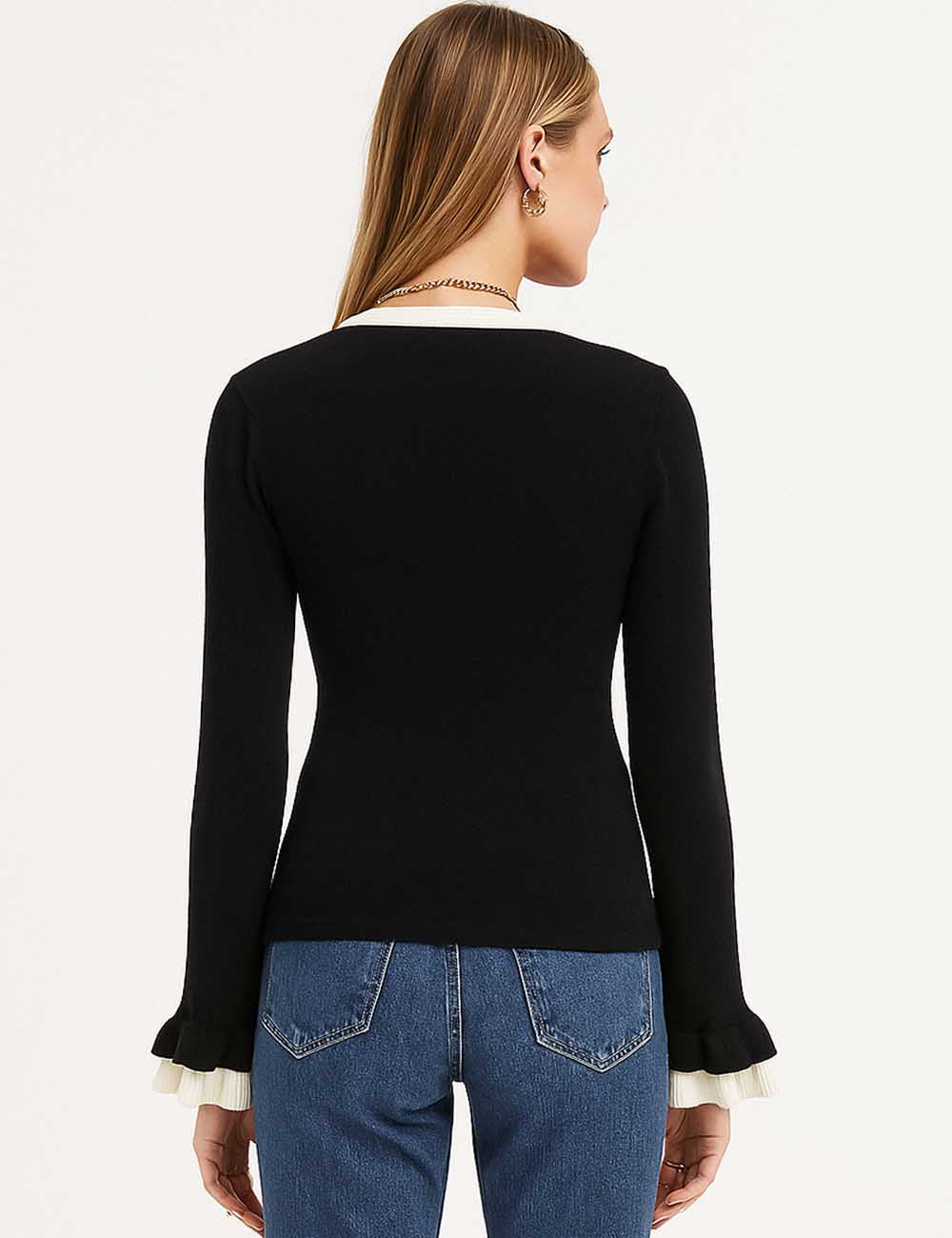 Ladies Color Block V-Neck Ruffled Sleeves Knit Top
