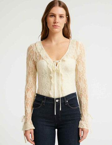 Ladies V-Neck Lace Ruffle Long Sleeves String Tie Blouse