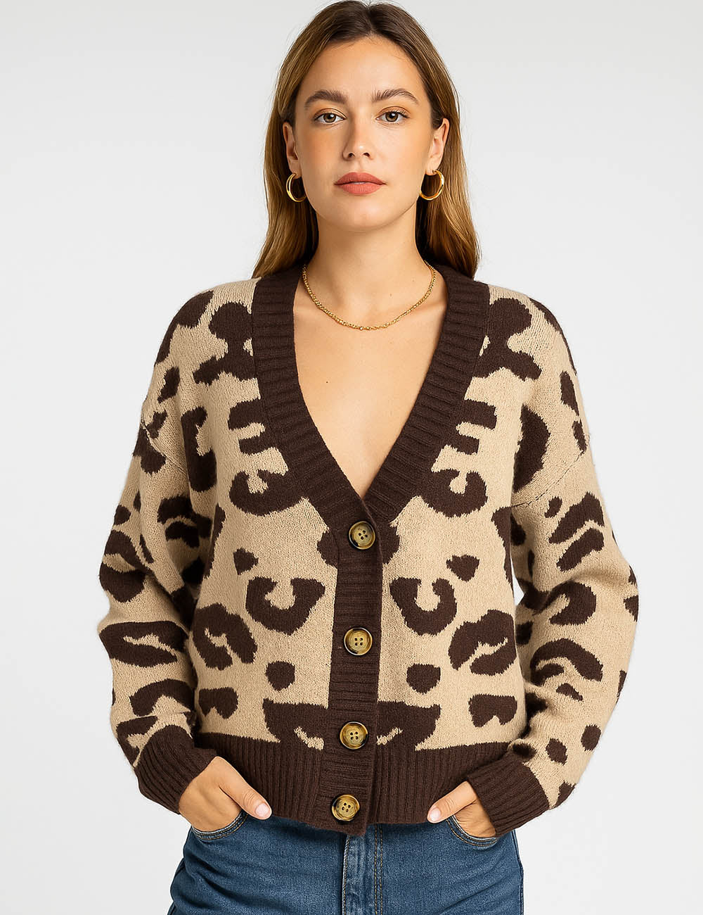 Ladies Leopard V-Neck Button Front Knit Cardigan