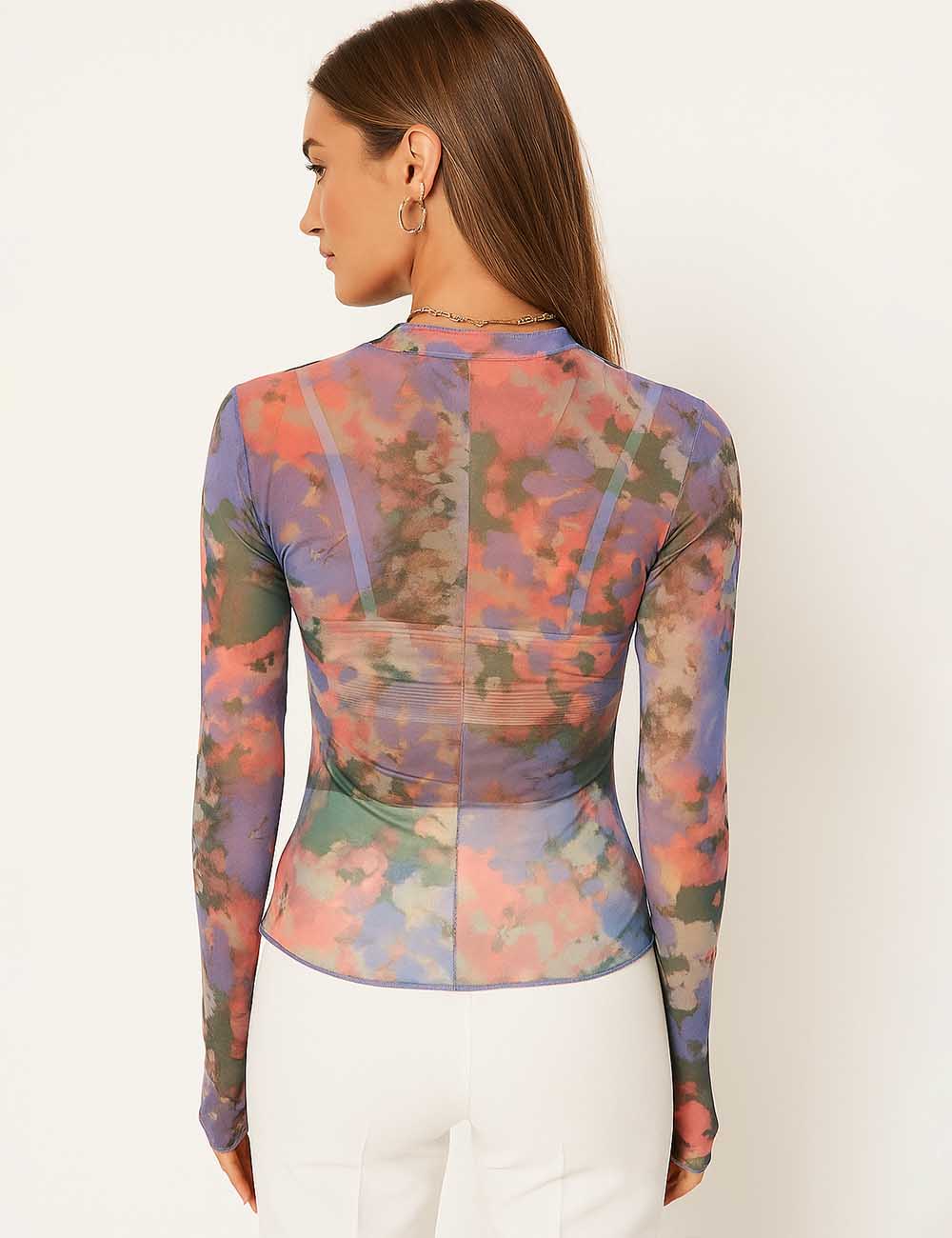 Women Multicolor Inregular Pattern Blouse See Sheer Top