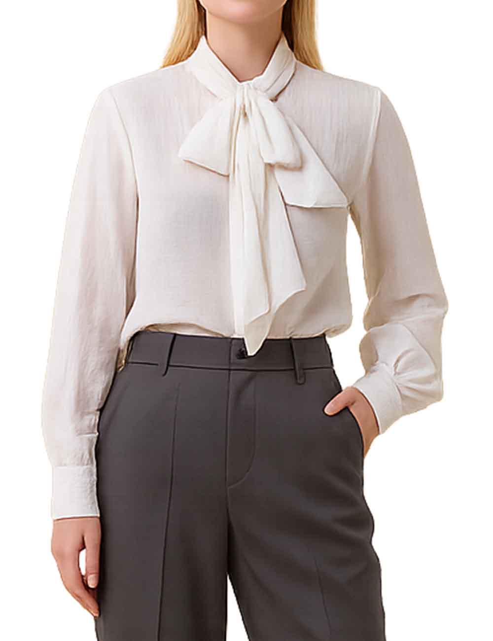 Ladies Tie Neckline Rhinestone Long Sleeves Blouse