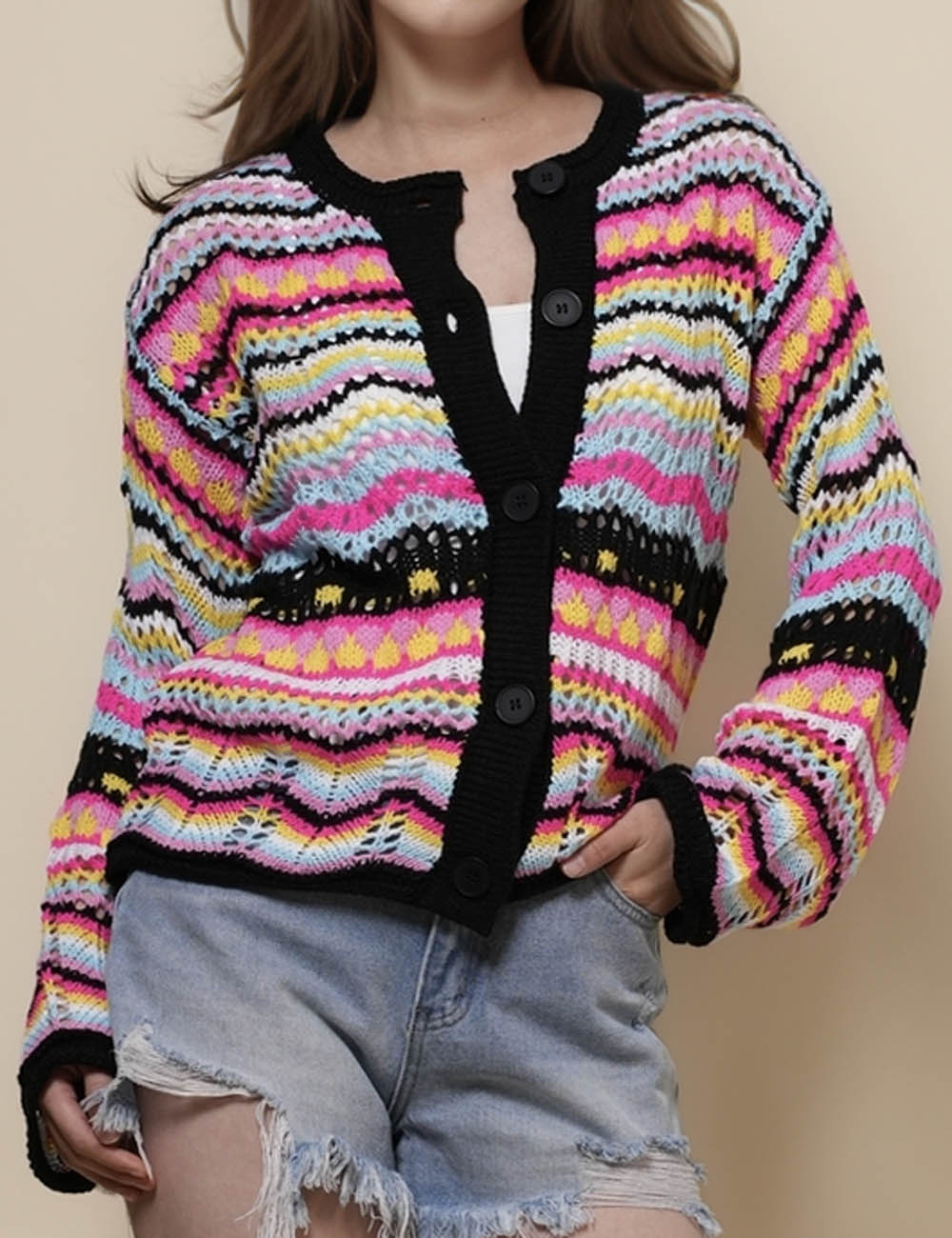 Ladies Multi Color Striped Knit Hollow Out Cardigan SKT50159